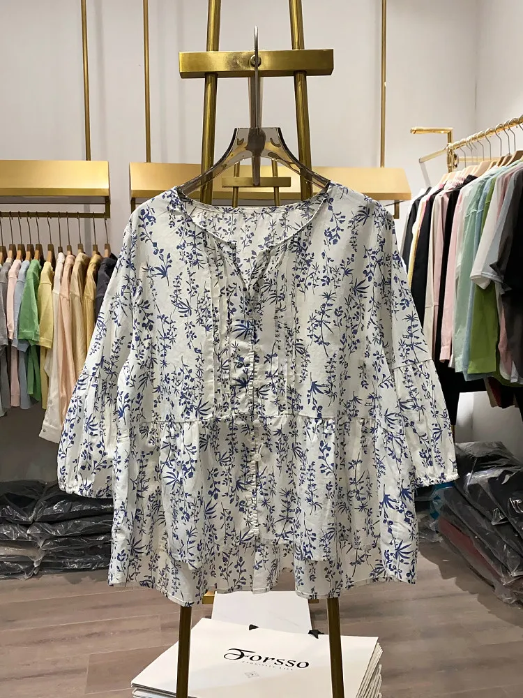 

Женская рубашка с цветочным принтом в корейском стиле, модная повседневная свободная блузка, новая летняя рубашка с круглым вырезом в отпускном стиле