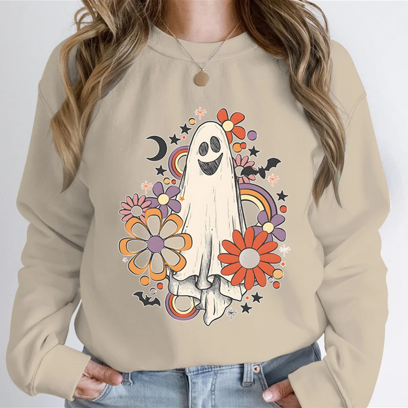 Vintage Retro Flower Ghost Print Sweatshirt Hoodie Women Halloween Vintage Style Hoodies Flower Ghost Halloween Party Sweatshirt