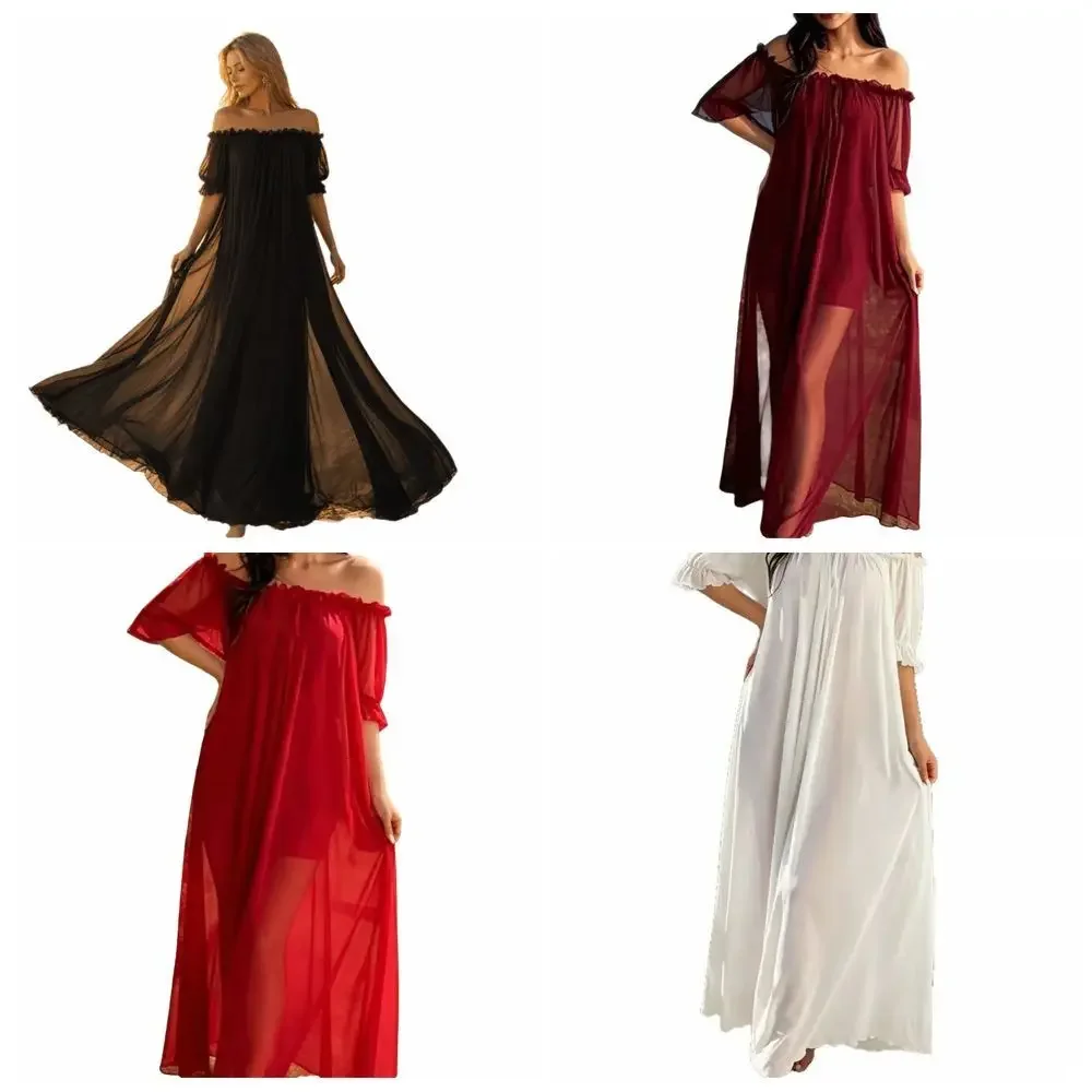 Elegant Off Shoulder Sheer Nightgown Ruffle Short Sleeve Ladies' Nightwear Transparent V-neck Mesh Nightdress Vacation