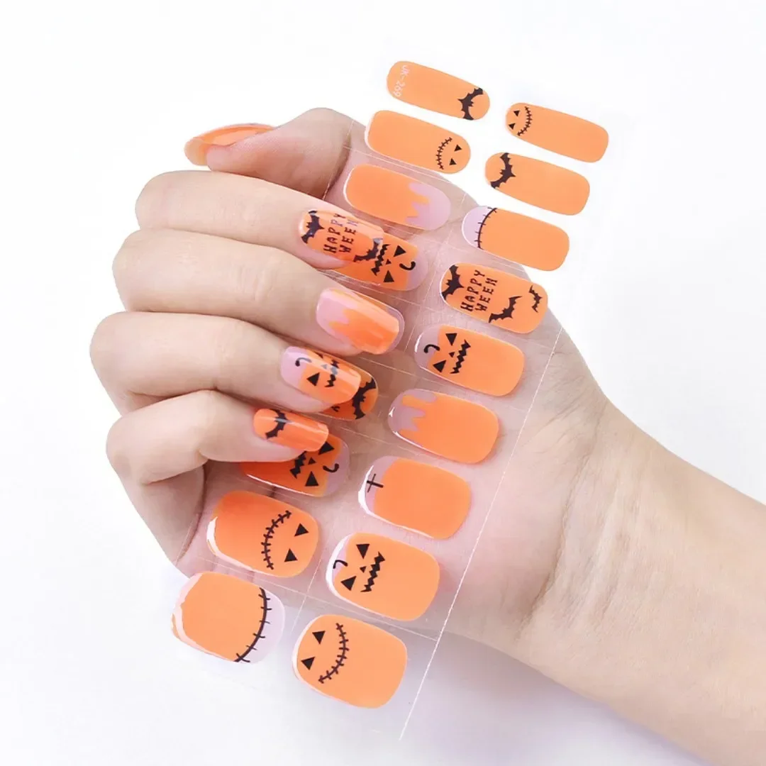 24 Tips Per Doos Uv Semi-Uitgeharde Gel Nagelsticker Halloween Nail Wraps Glitter Folie Volledige Cover Nagelstrips Kerstdag Manicure