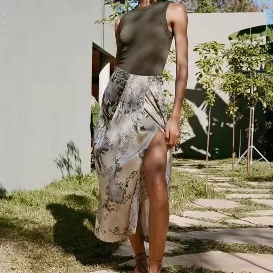 

Sweet Sli Midi Skirt with Pleated Decoration Printed Straight Tube Long Dr for Women Autumn New Sle 85887