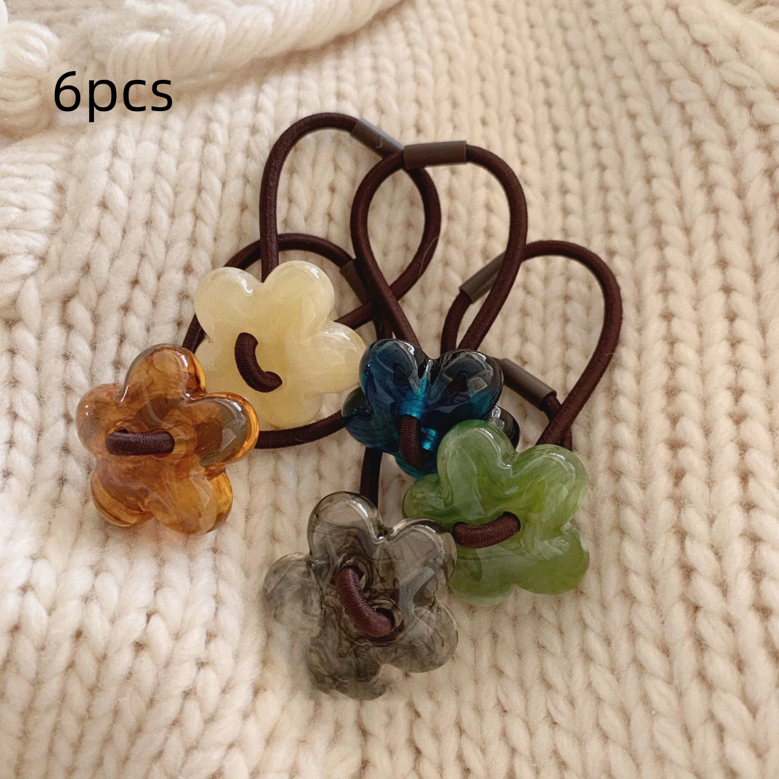 6-teiliges durchscheinendes Blumen-Haargummis-Set, bunte elastische Harzbänder, bezaubernder Haarschmuck, perfekt für Pferdeschwänze und Zöpfe – Detail 3