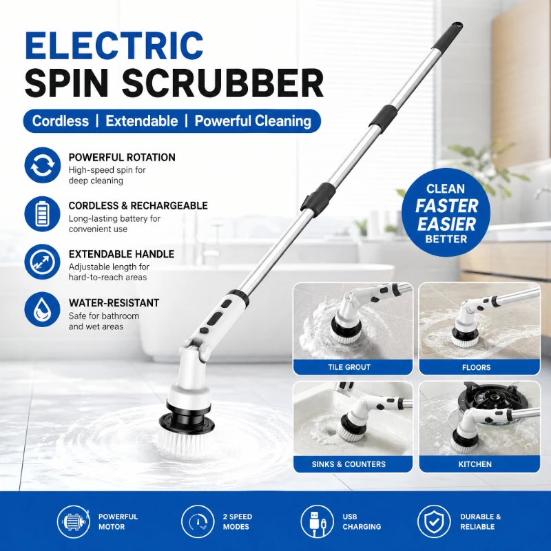 Wireless Electric Cleaning Brush Telescopic Long Handle Foldable Rotating Scrubber Bathroom Tile Kitchen Floor Cleaner