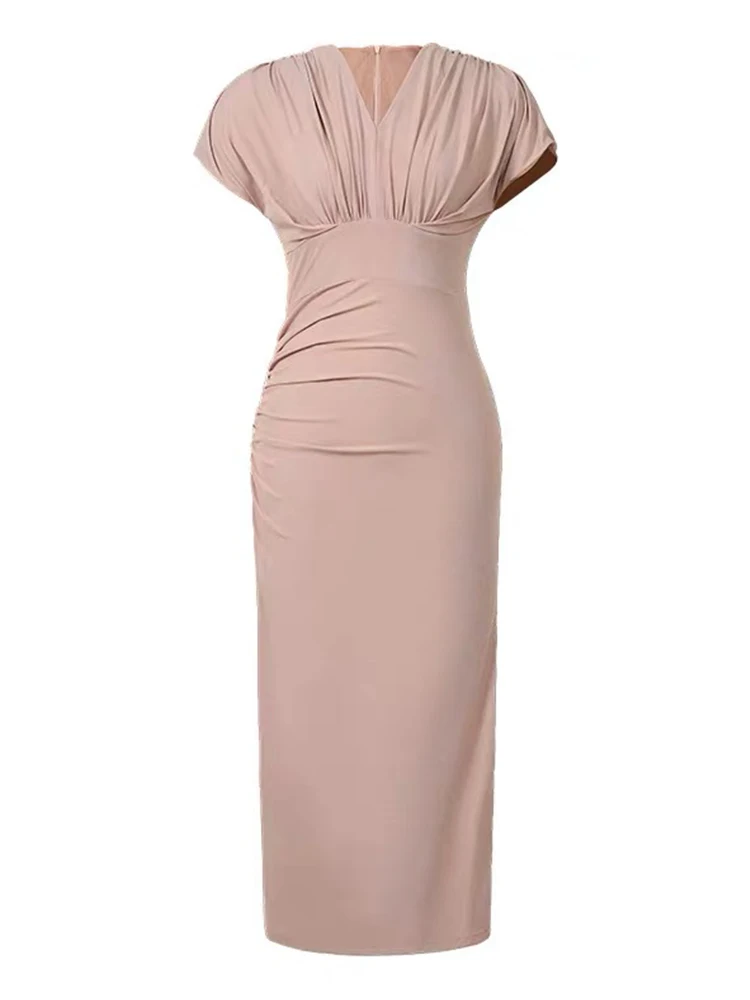 Vestido de tubo clásico con escote en V para mujer, ropa elástica informal, manga corta, pliegues delgados, Midi, elegante, Verano