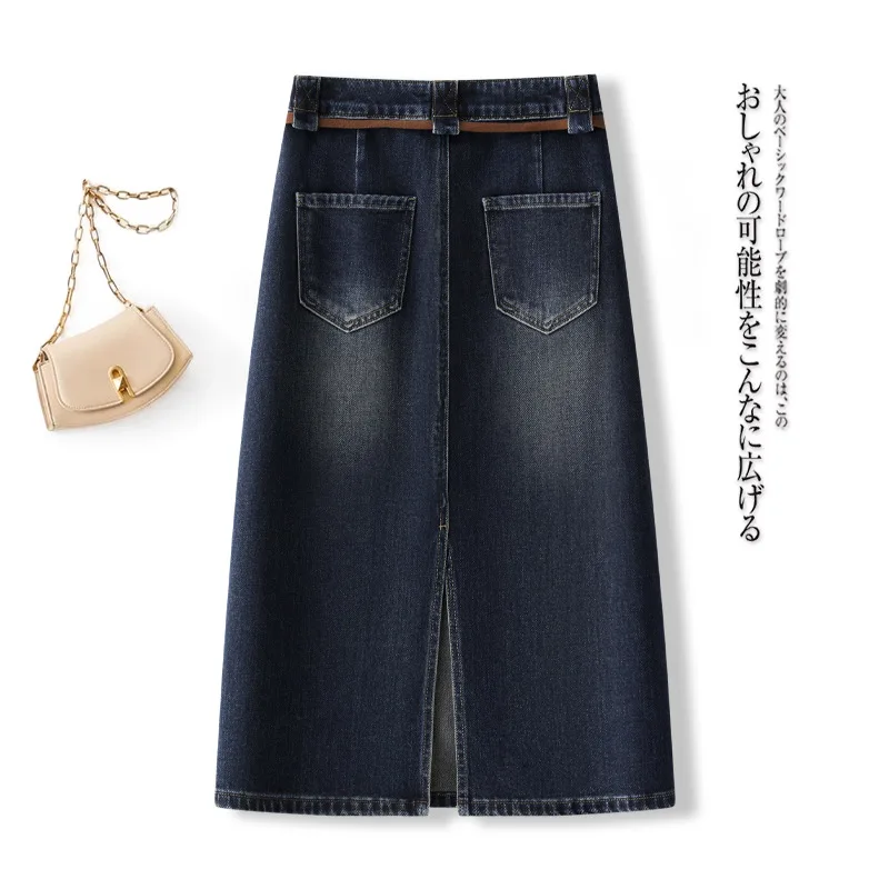 تنورة الدنيم الزرقاء للنساء، تنورة خريفية عالية الخصر على شكل حرف A، تنورة ضيقة، تنورة مستقيمة عصرية فضفاضة