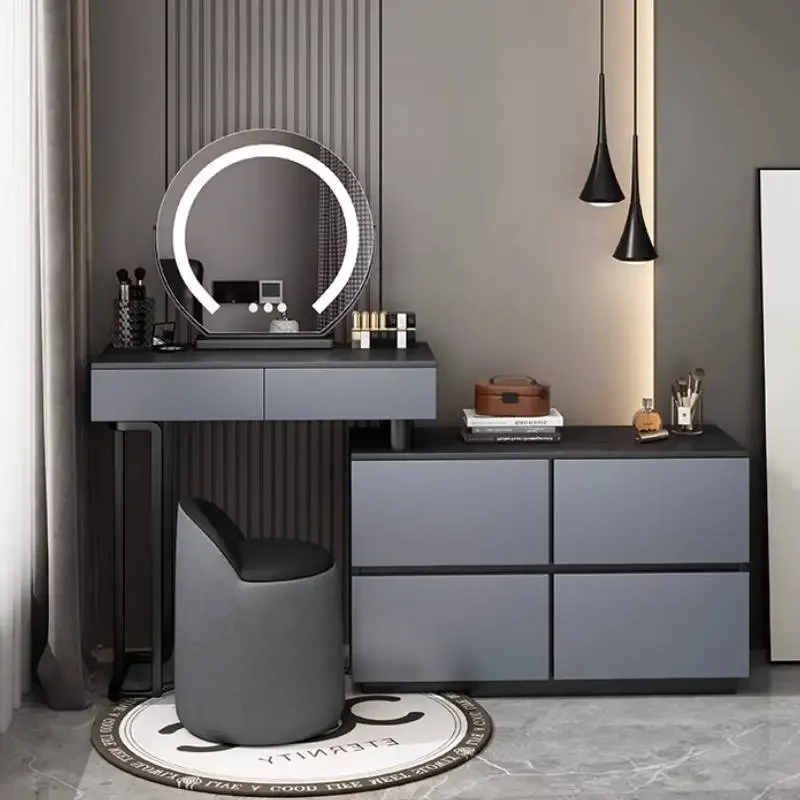 

Gray Glossy Makeup Vanity Desk European Natural Mirror Wood Makeup Vanity Desk Vintage Modern Kaptafel Bedroom Furniture