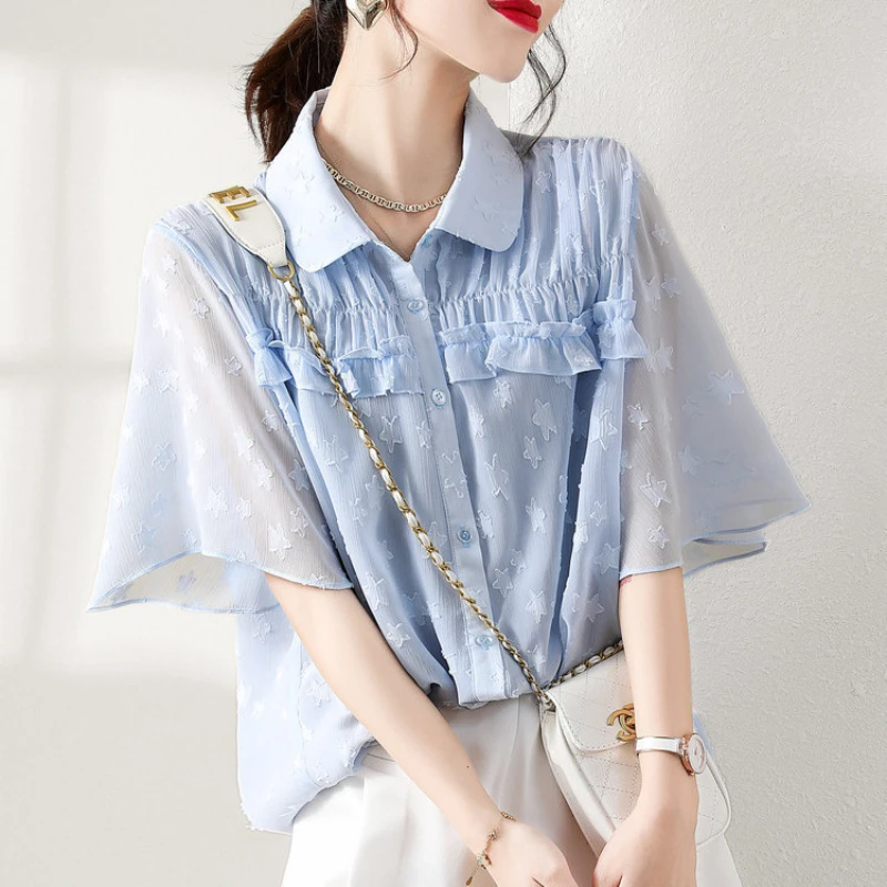 Chiffon Thin Fashion Blouse Summer New Short Sleeve Polo Neck Button All-match Solid Shirt Tops Elegant Office Women Clothing