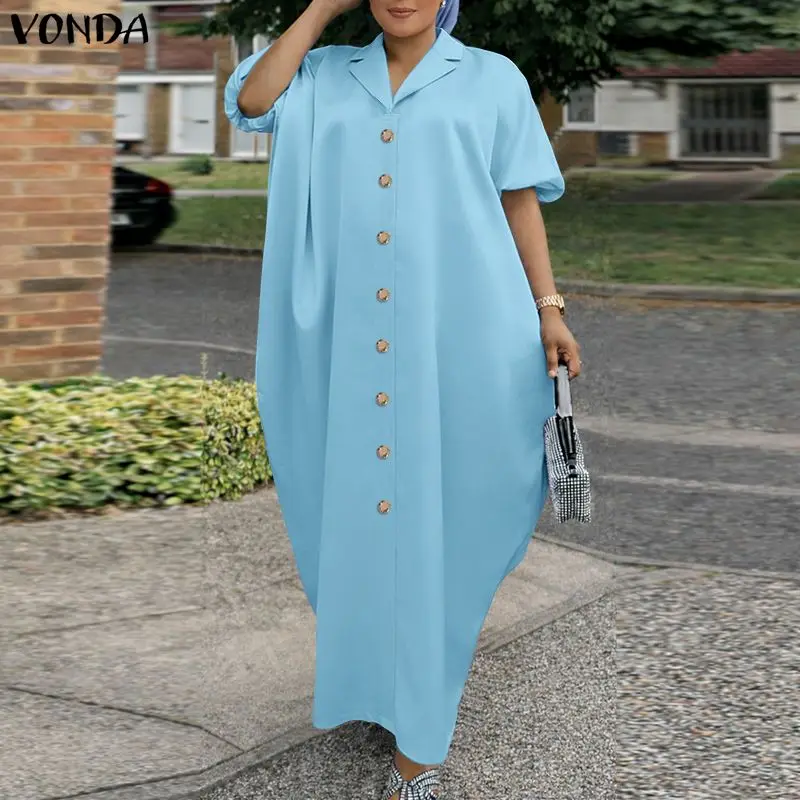 

Fashion VONDA Summer Spring Women Plus Size Dresses Solid Color Loose Turn-down Collar Vestidos Puff Sleeve Long Maxi Dresses