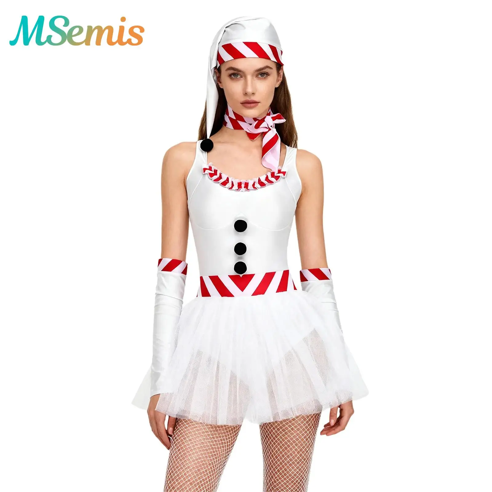 

Womens Christmas Bunny Snowman Xmas Party Dress Up New Year Costume Tulle Tutu Dress with Striped Scarf And Hat Four Pieces Set