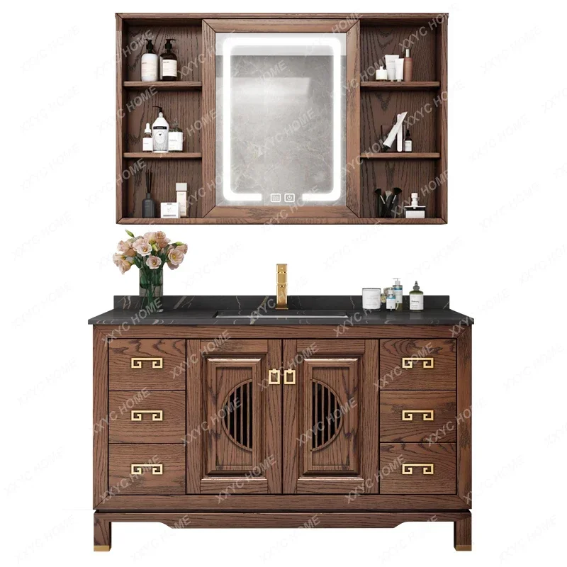 

New Chinese bathroom cabinet combination red oak washstand floor-to-ceiling washbasin mirror cabinet bathroom cabinet