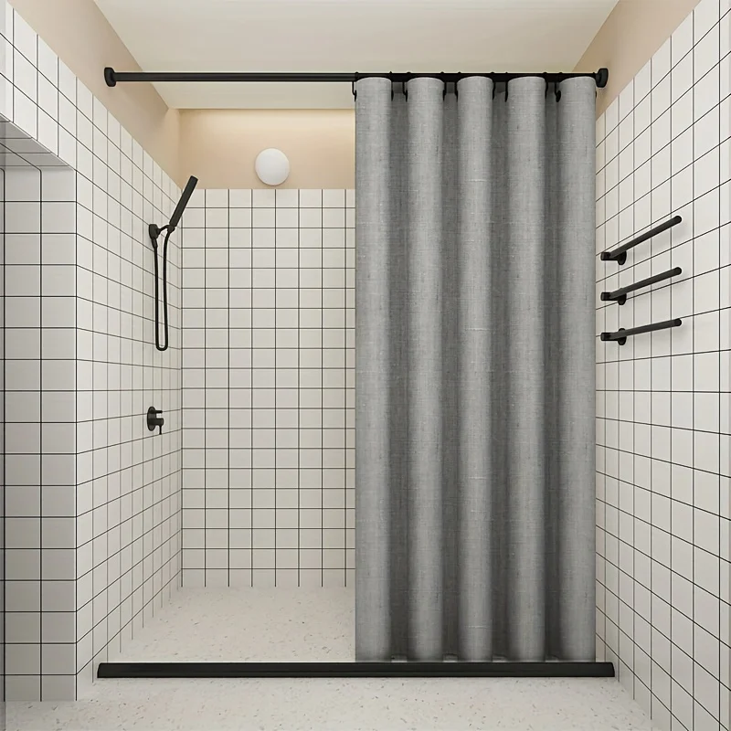 Linen Shower Curtain with Built-In Hooks Dry Wet Separation No-Drilling Required Decorative Bathroom Elegance Linen Fabric