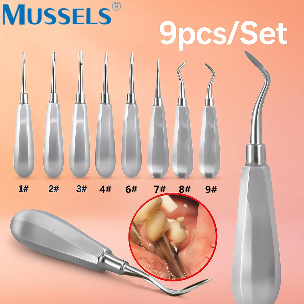

9PCS Dental Elevator Kit Straight Curved Tooth Extraction Surgical Forceps Stainless Steel Apex Root Luxating Lift Lab Tools