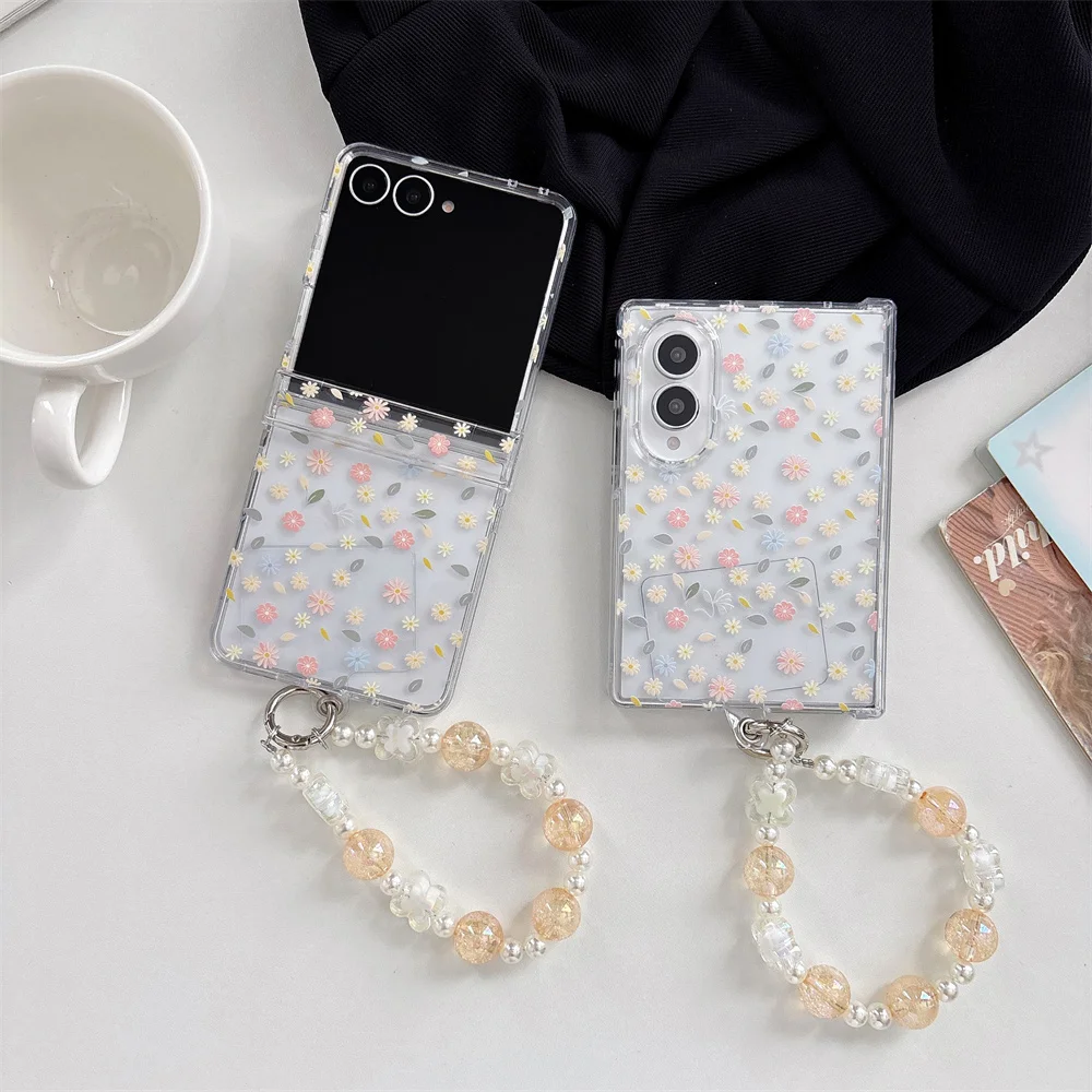 New Korea Floral print Transparency Phone Case For Samsung Galaxy Z Fold 8 Foldable Protective Cover Cute Cases with Chain