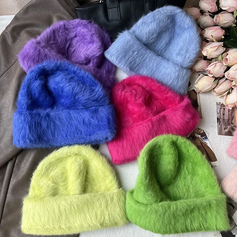 2024 Fashion Rabbit Fur Y2k Beanies Women Soft Warm Fluffy Angola Winter Knitted Hat Female Plush Windproof Bonnet Skullies Cap