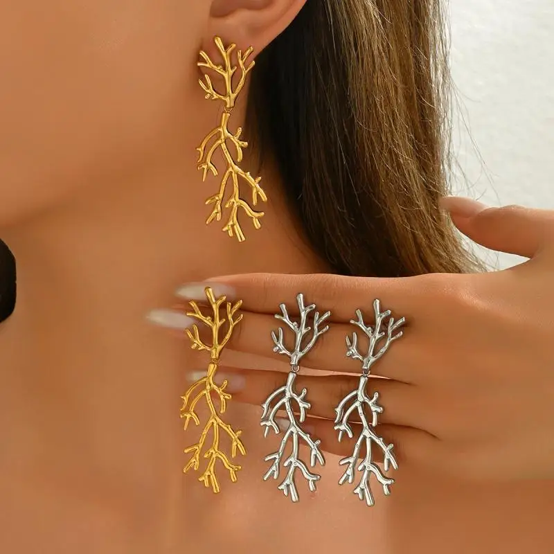 الفولاذ المقاوم للصدأ شجرة فرع أقراط للنساء فاسق شرابات طويلة معدنية المرجان إسقاط أقراط سحر الأذن مجوهرات اكسسوارات الفتيات #1