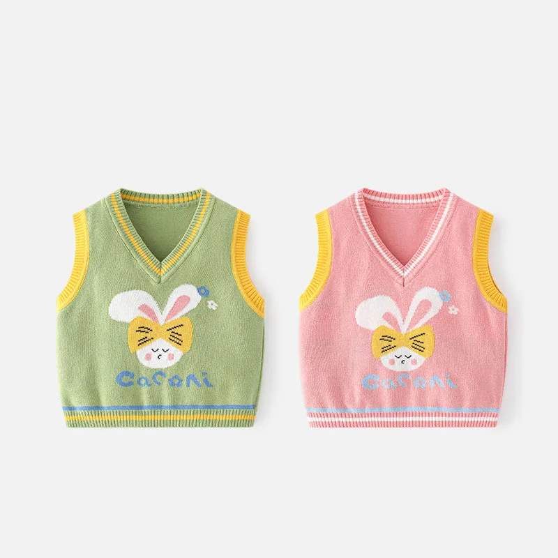 

Ins Spring Autumn Toddler Girls Vest Striped Rabbit Jacquard Children Girls Knitwear Elastic Hem Cotton Little Girls Waistwear