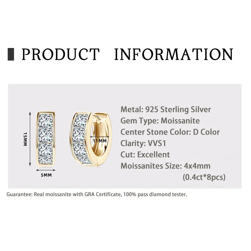 RAPRGOLD Certified Princess Cut Moissanite Hoop Earrings for Women S925 Sterling Silver Huggie Earring Jewelry Gifts oorbellen