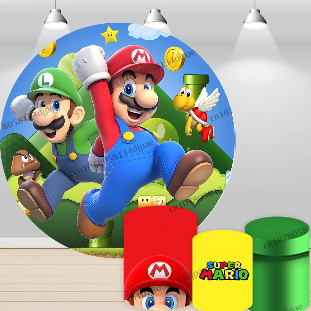 Running Super Mario Party Round Backdrop Decorations Boys Birthday Background Luigi Koopa Cylinder Elastic Cover Photo Banner