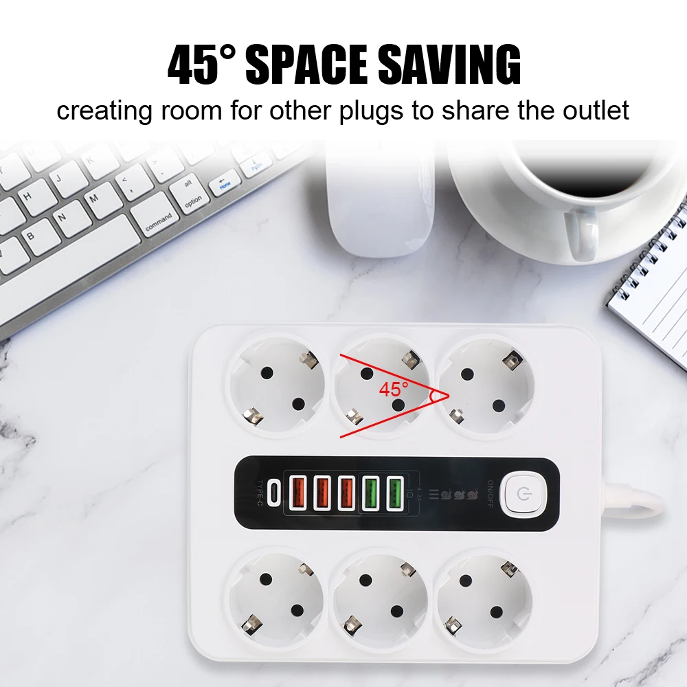 EU Plug With Safety Switch 2M Cable For Office Home Extension Socket 3000W USB Type C Overload Protection Power Strip