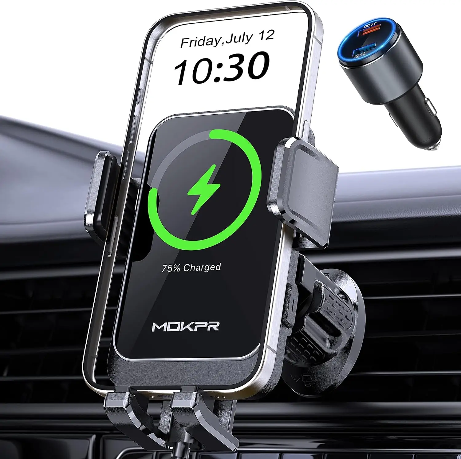 Wireless car charger, 15W fast charging automatic clamping vent car phone holder, car charger with LED light, suitable for iPhone1615/14/13/12 Pro Max Plus, Samsung S23/S22/S21, etc