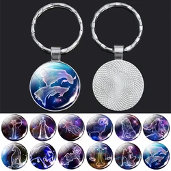 12 Constellations Trinket 12 Zodiac Leo Virgo Cancer Gemini Libra Pisces Glass Cabochon Keychain Pendant Keyring for Men Women