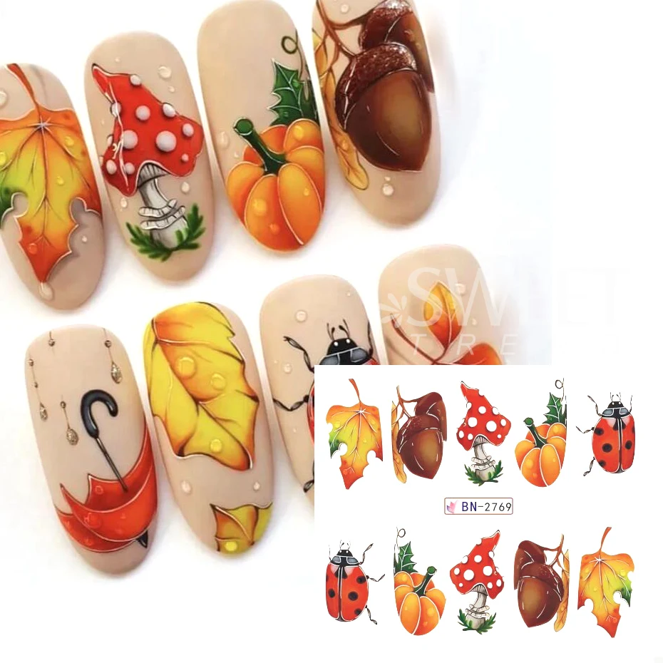 12pcs Autumn Ladybug Nail Water Decals Halloween Pumpkin Adhesive Nail Supplies Manicure Stickers Sliders For Nails Decoration