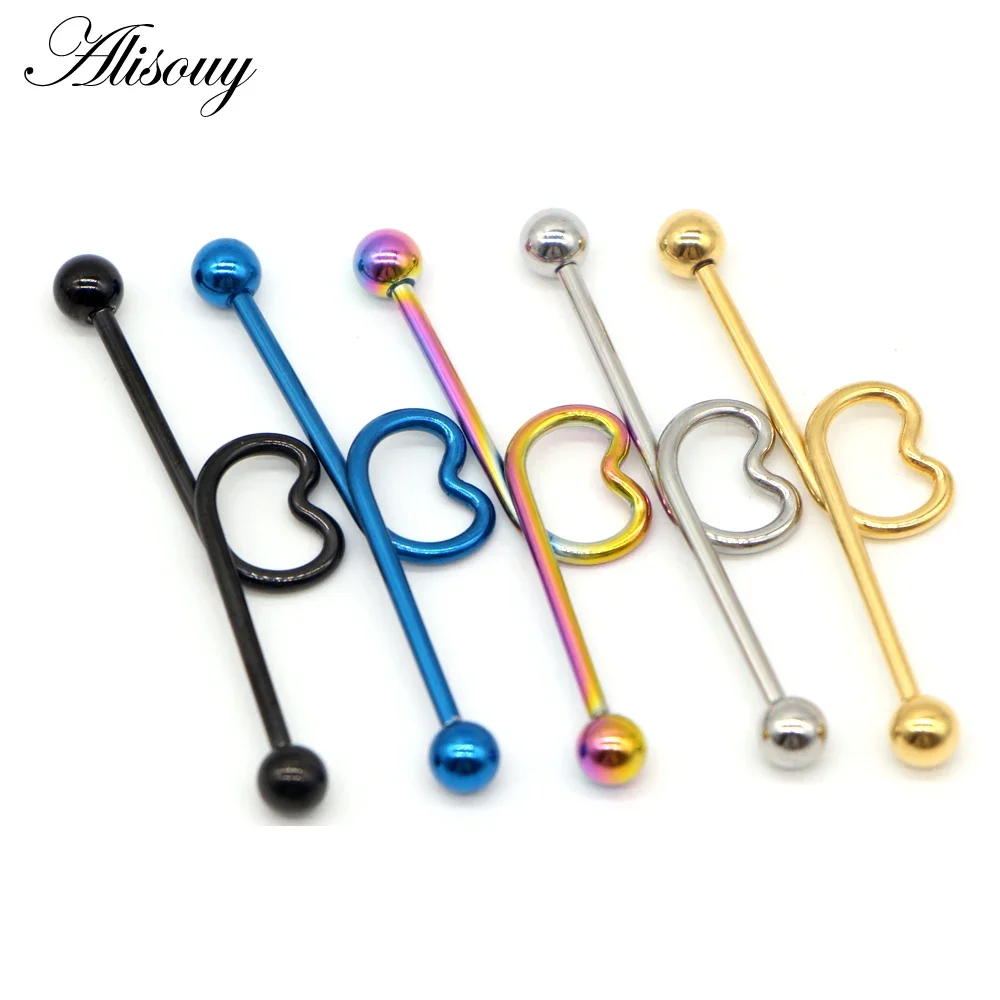 Alisouy 1 PC Romantic ear plug Stainless steel 38mm tunnel jewelry love heart shape Cartilage nail body piercing jewelry 5 color