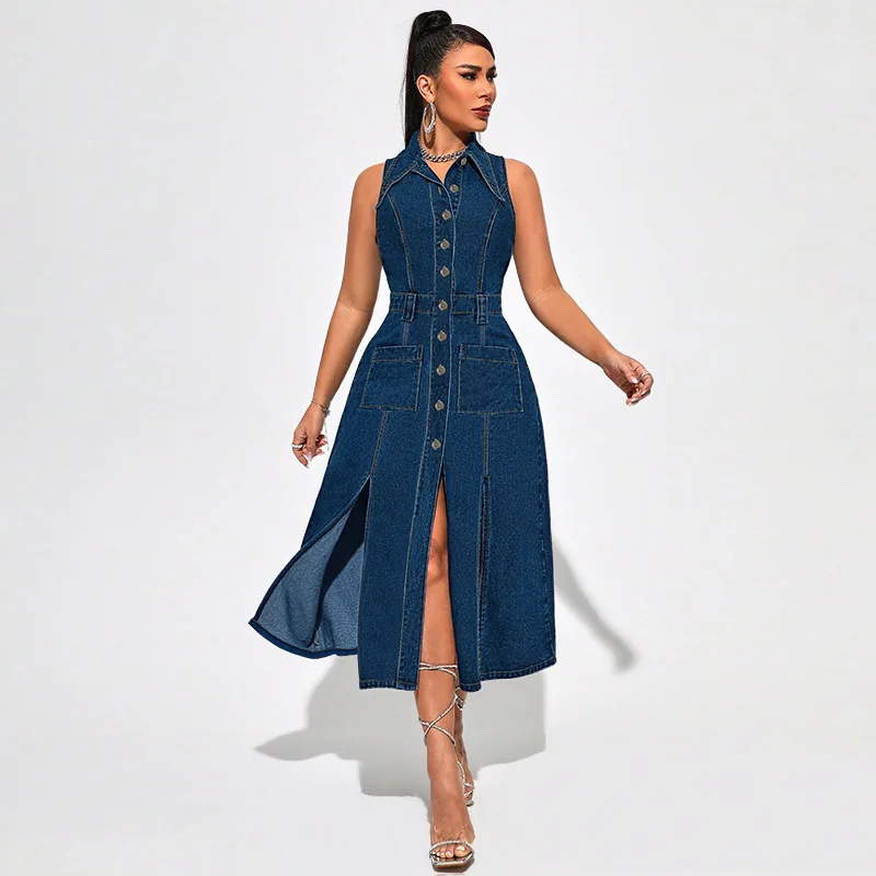 

218518 Plus Women's Denim Cardigan Sleeveless Slit Long Dress Sexys Chic Dresses 2025 Summer Dress Robe Vestido Women Party