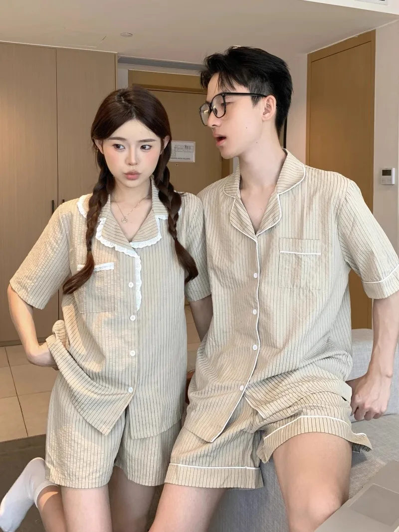 

Корейский Sle, простой полосатый комбинезон с рюшами для пар, комплект домашней одежды ort Sve orts для мужчин и женщин, летняя одежда