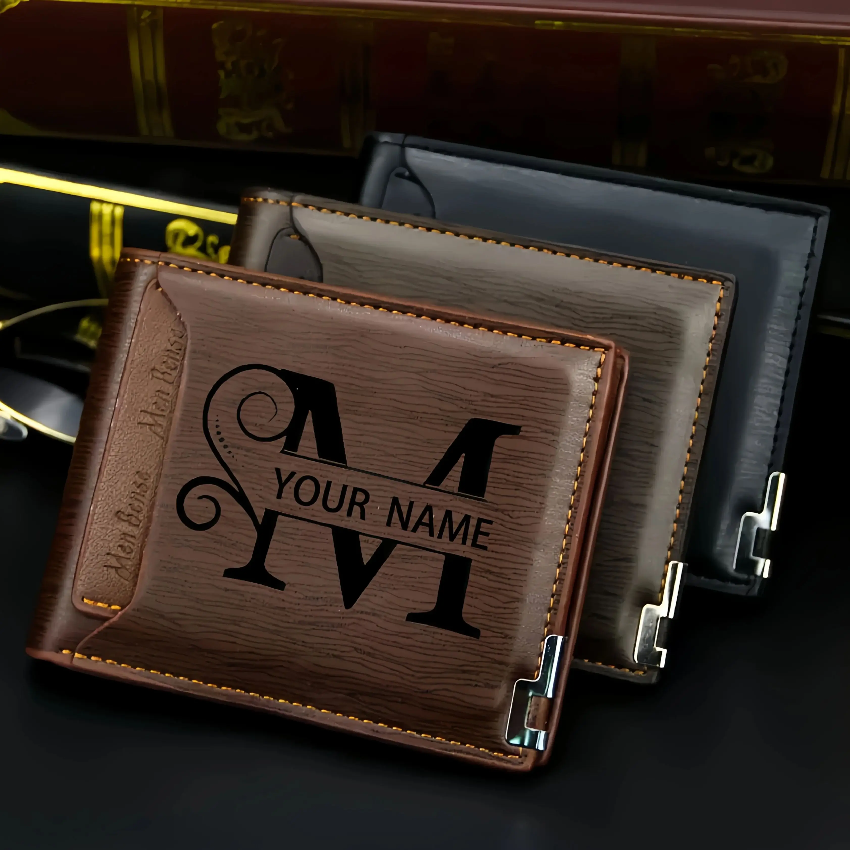 Cartera de cuero PU con iniciales y nombre grabados personalizados, regalo para hombre para cumpleaños, aniversario, día del padre, regalo de Navidad personalizado