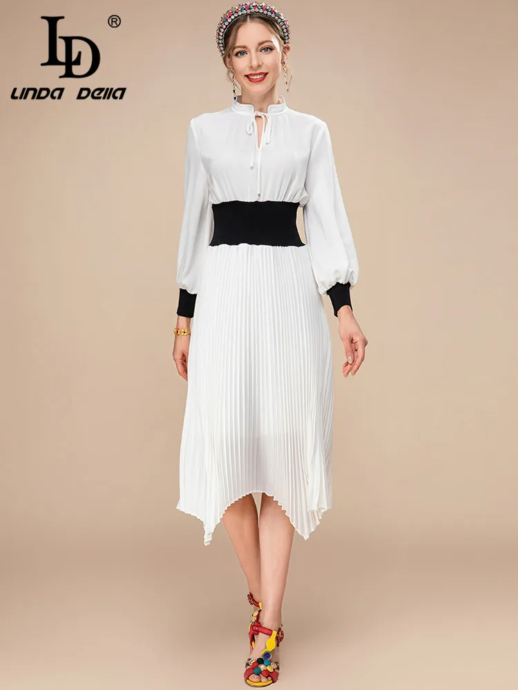 

LD LINDA DELLA 2023 New Fashion Designer Spring Dress Women's Lantern sleeve Elastic waist Asymmetrical Casual White Midi Dress