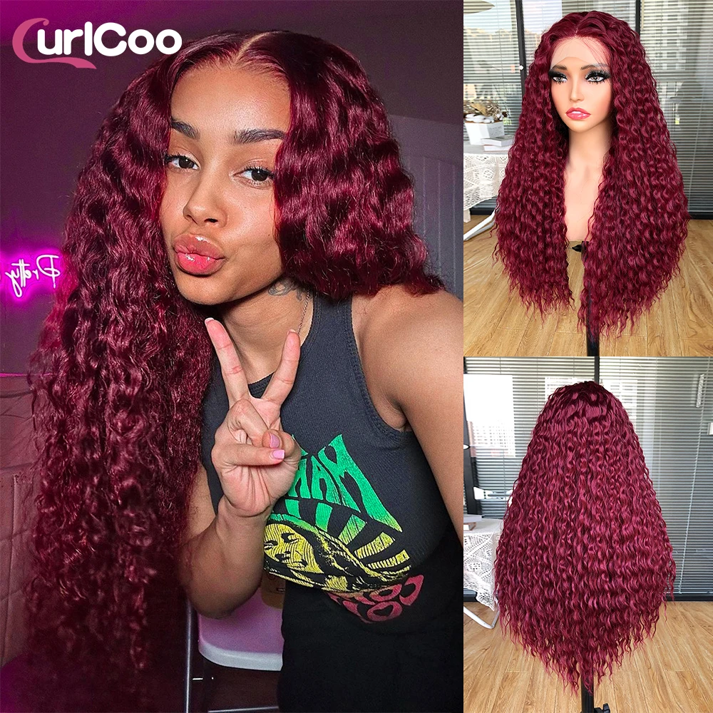 

Red Curly Lace Front Wigs Pre-Plucked Long Deep Wave Synthetic Lace Front Wig for Black Women Heat Resistant Fiber Hair Wigs