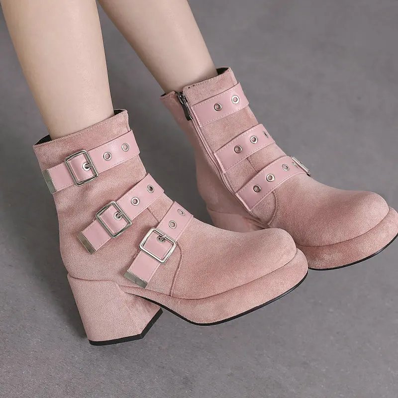 

Faux Suede Flock Pink Brown Color Many Buckle Belt Platform Lady Winter Warm Shoes Square Chunky High Heels Ankle Chelsea Boots