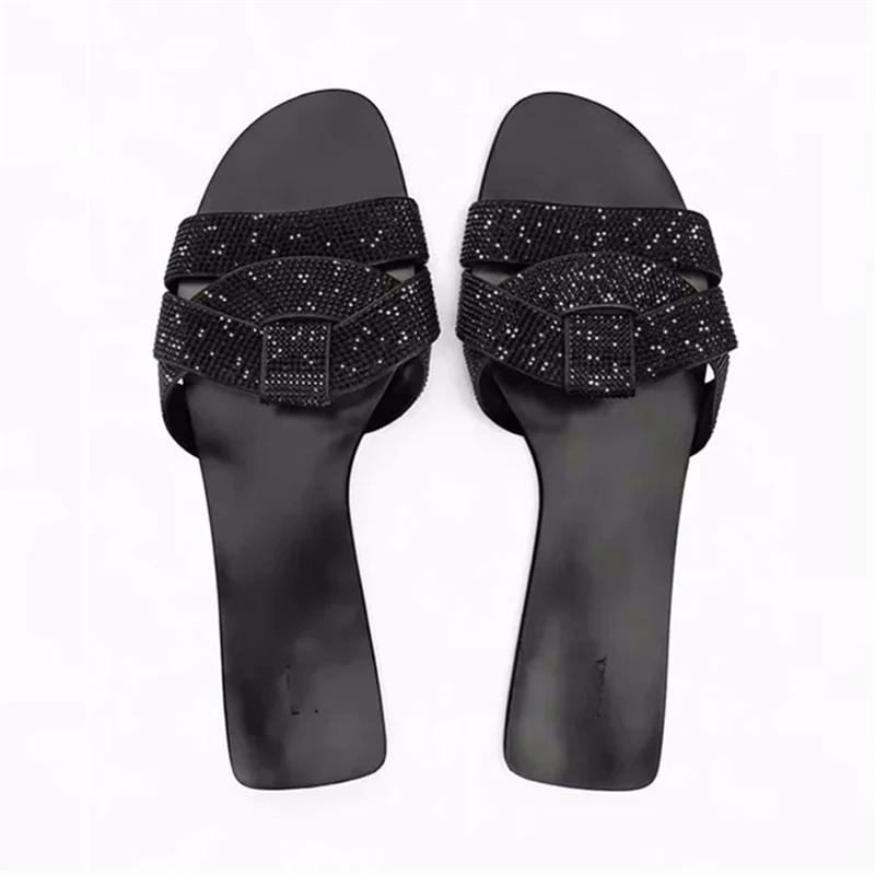 TRAF Black Rhinestone Upper Flat Slippers Women Round Head Open Toe Indoor Shoes Summer Leisure Cozy Slipper Sandals For Woman