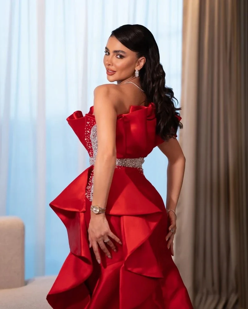 Jirocum Elegant Red Mermaid Prom Dress Women\'s One Shoulder Beaded Ruffle Party Evening Gown Customized Formal Occasion Dresses