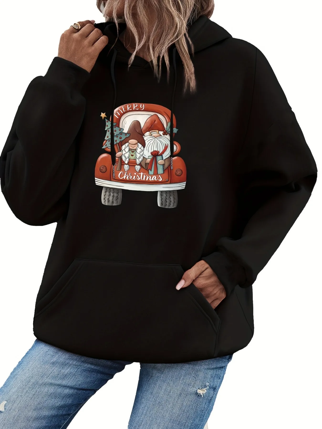 Christmas Printed Drawstring Hoodie, Casual Long Sleeve Kangaroo Pocket Hoodie Sweatshirt for men and women