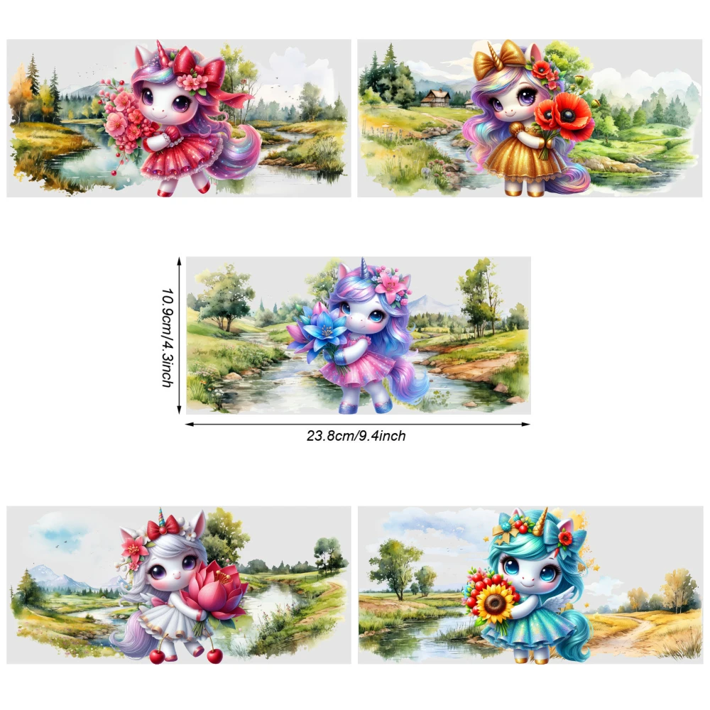 5 Sheets Unicorn Floral Pattern UV DTF Stickers Plastic Self-Adhesive Labels Waterproof Rub on Transfers Suitable for 16 oz