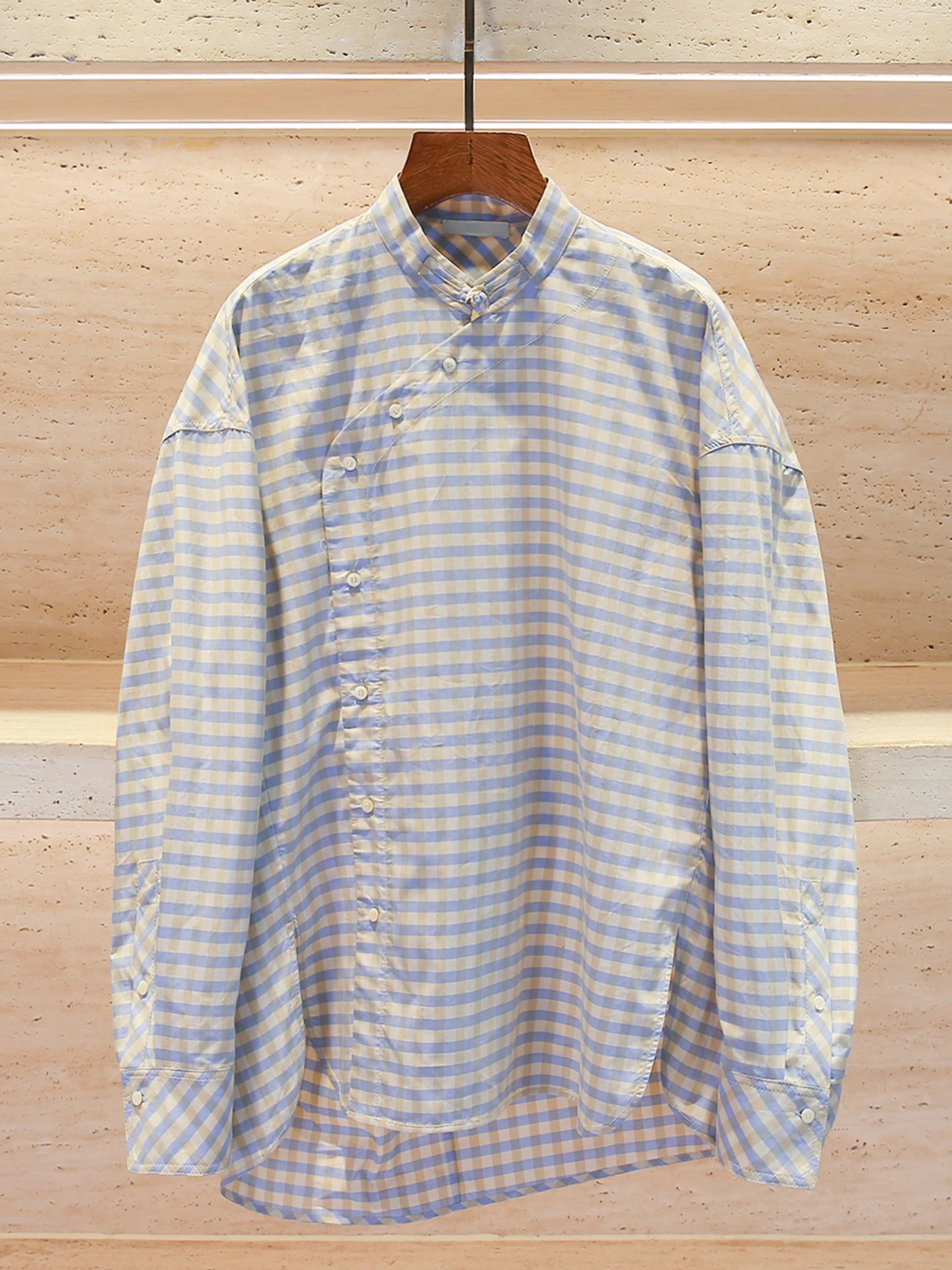 

Premium Spring 2026 Women's Plaid Shirt Stand Collar Asymmetrical Design Casual Commute Style Long Sleeve Loose Fit Top