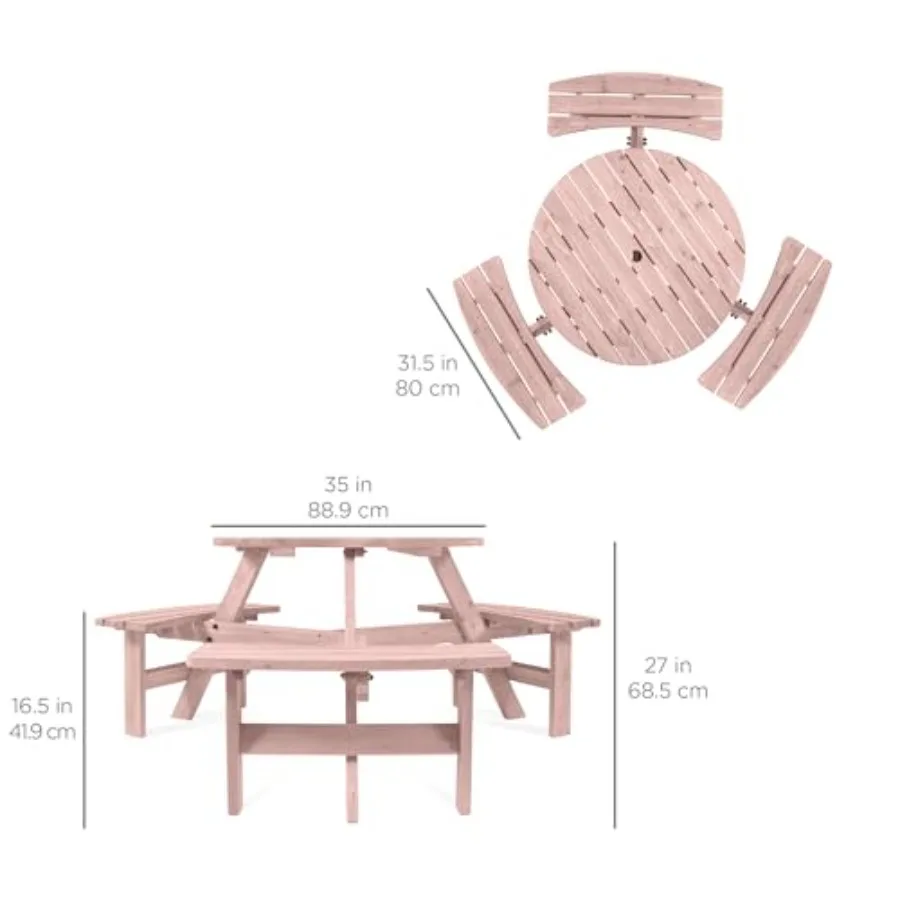 6-Person Circular Outdoor Wooden Picnic Table for Patio, Backyard, Garden, DIY w/ 3 Built-in Benches, 500lb Capacity