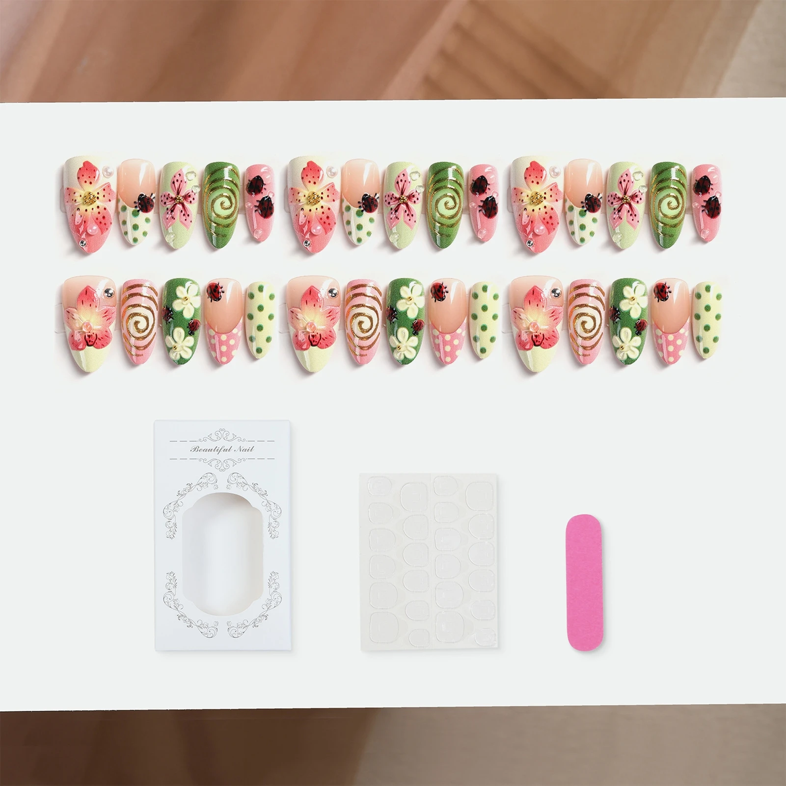 Wedding Press On Nails 3D Flower Gold Foil Rhinestone Fake Nail Set Bridal Party Wear ABS Resin Almond Tips 30pcs Luxury
