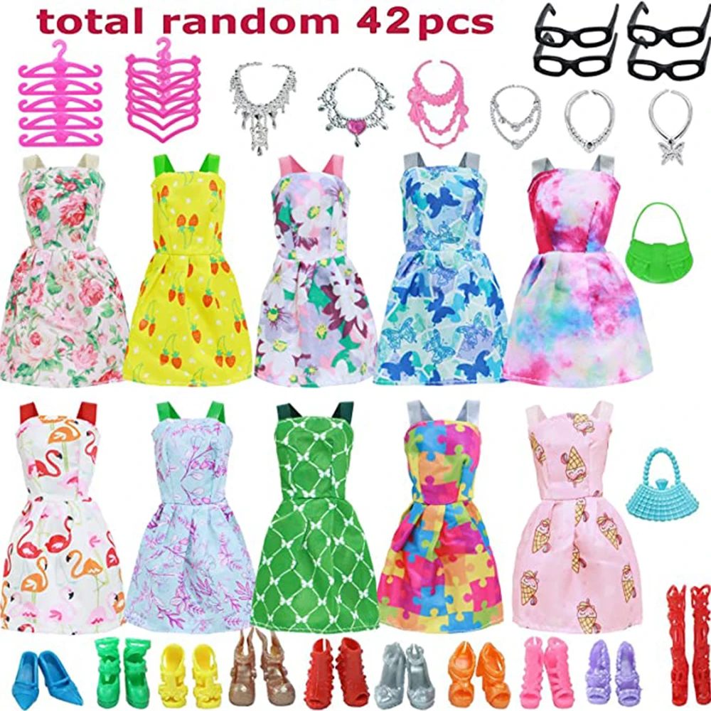 42 Item/Set Doll Accessories=10 Mix Fashion Cute Dress+ 4 Glasses+ 6 Necklaces+2Handbag+ 10 Shoes Dress Clothes For Barbies Doll