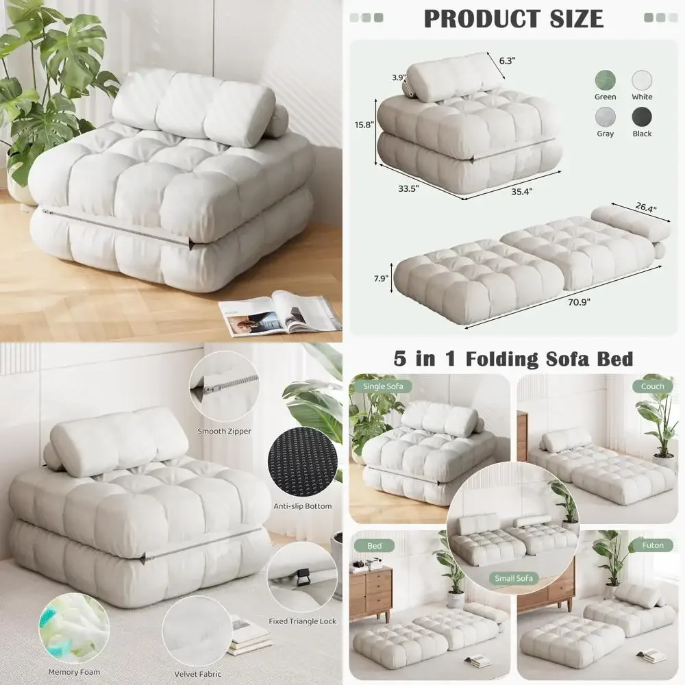 Sofá cama futón individual compacto, sillón convertible con almohada, cómodo colchón plegable, cama plegable portátil