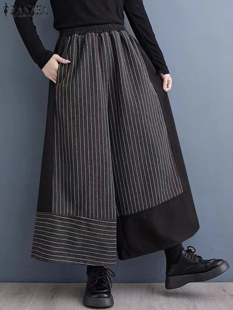 

ZANZEA Korean Streetwear Pants Casual Loose Striped Patchwork Long Trouser Holiday 2025 Summer Wide Leg Pantalons Casual Bottoms