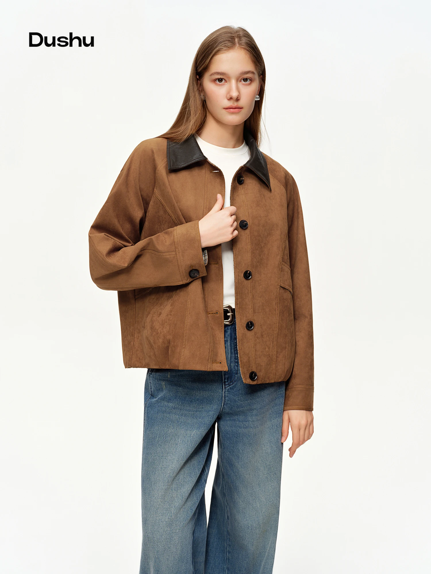 DUSHU 2026 Spring Women's Rustic Faux Suede Loose Fit Cropped Jacket - Soft Comfortable Short Coat for Casual Outdoor Daily Wear