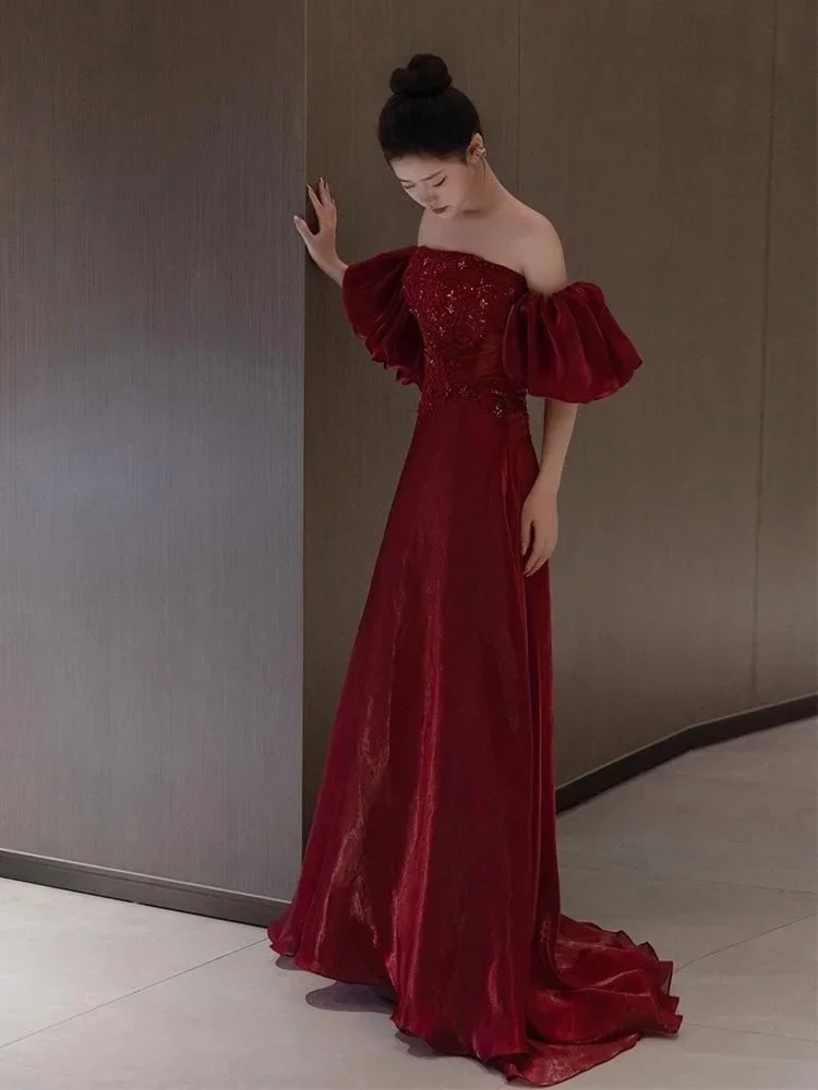 Hot sale toast dress 2024 new style banquet temperament host one shoulder evening dress female