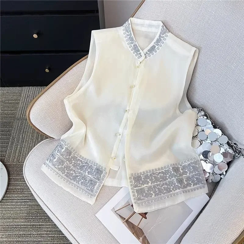 

National Style Retro Vest Thin Chinese Style Heavy Industry Embroidery Sleeveless Vest Outer Wear Stand Collar Waistcoat Vest