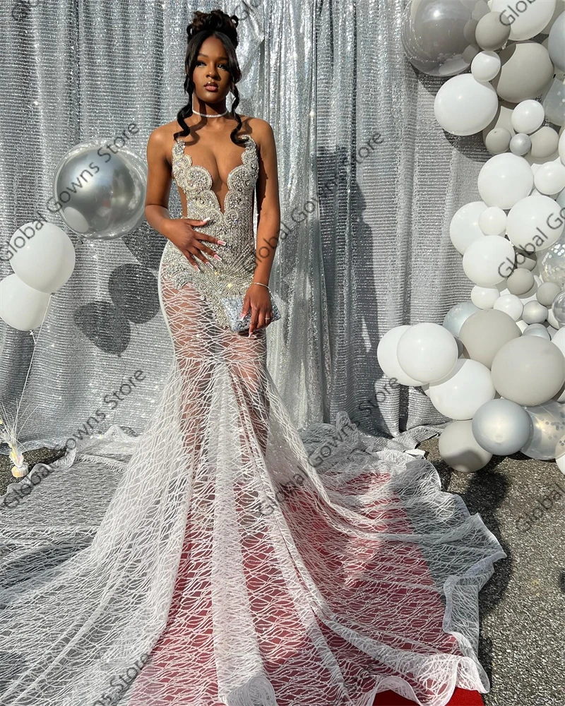 White O N Long Prom Dresses Black Girls Beaded Crystal Rhinestone 2026 Birthday Luxury Dress Mermaid Evening Dresses Customized