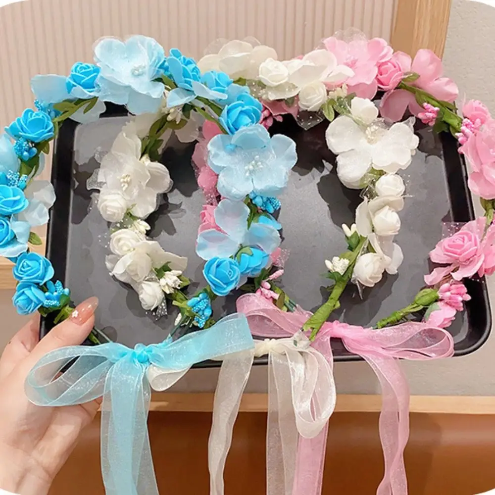 Colorful Floral Garland Fairy Simulation Flower Mesh Children Flower Headband Hair Ornaments Hair Hoop Bridal Crown Headress