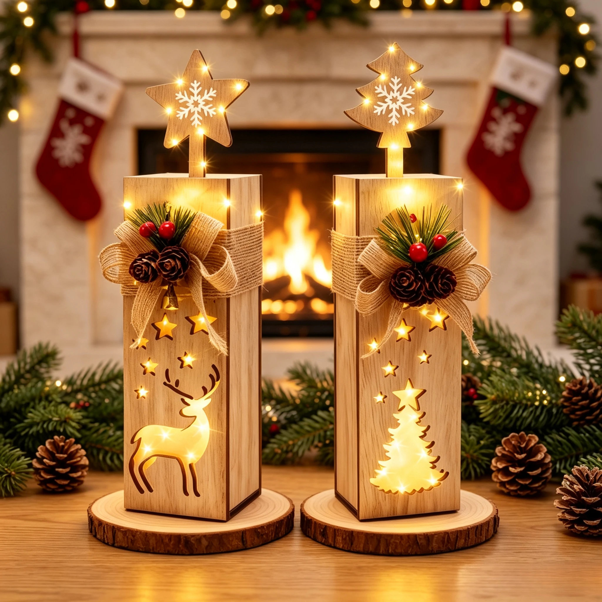 Wooden Christmas Light Rustic Star Topper Table Ornament Warm Glow LED Lamp Burlap Bow Home Xmas Desktop Holiday Decor