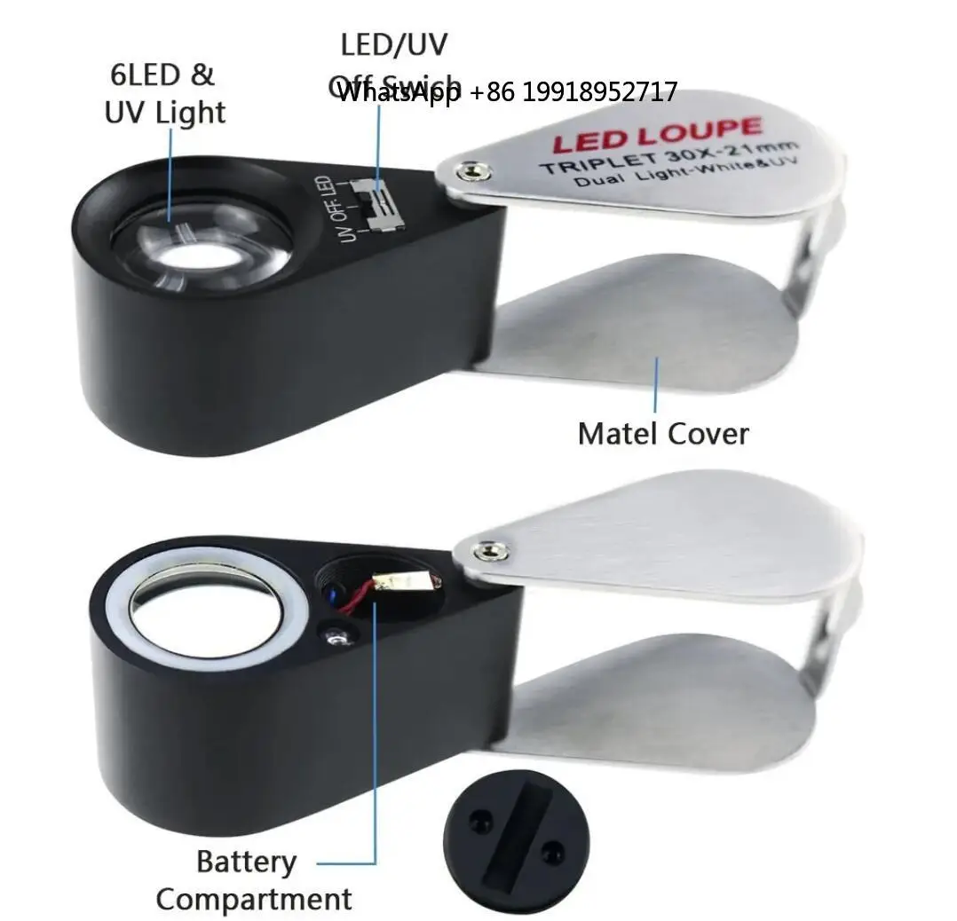 10X 20X 21mm Folding Illuminated Loupe Jewelry Magnifier Pocket With LED Light For Gems Jewelry Stamps Coins Watches